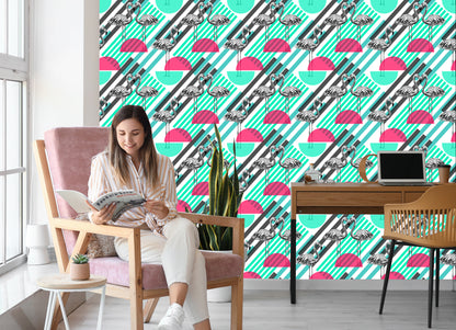 Wallpaper Flamingos And Geometric Patterns