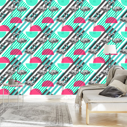 Wallpaper Flamingos And Geometric Patterns
