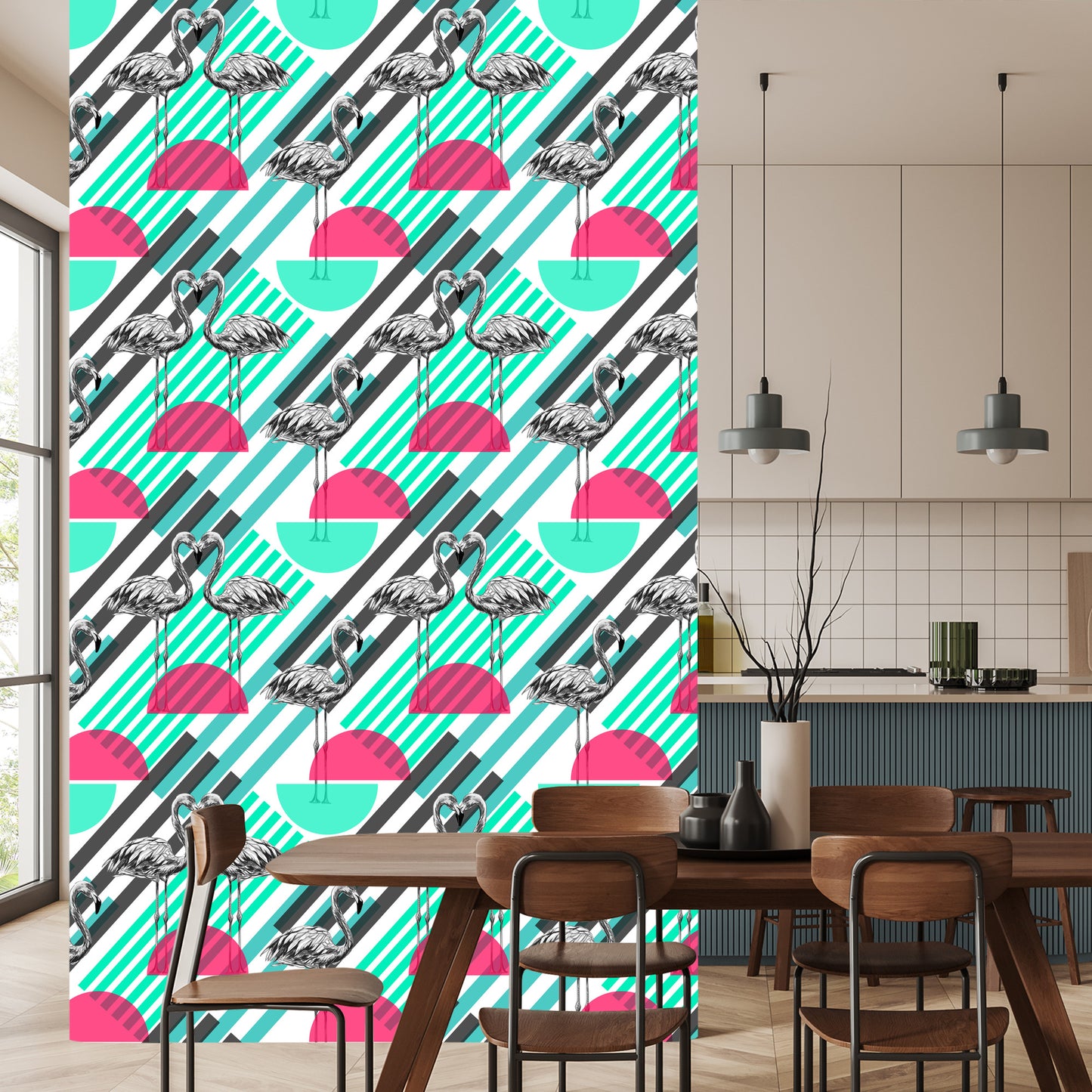 Wallpaper Flamingos And Geometric Patterns