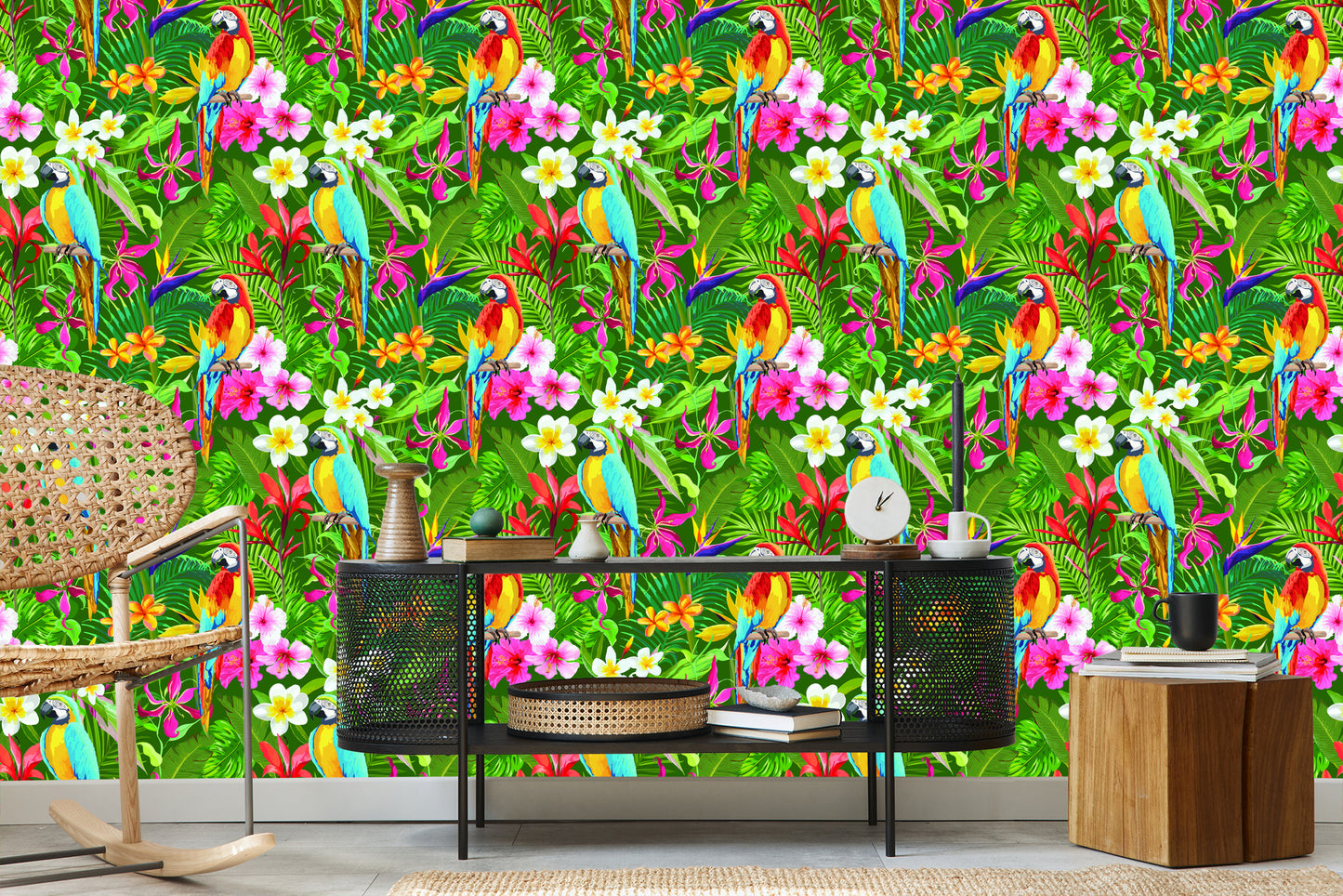 Wallpaper Parrots, Tropical Leaves And Flowers