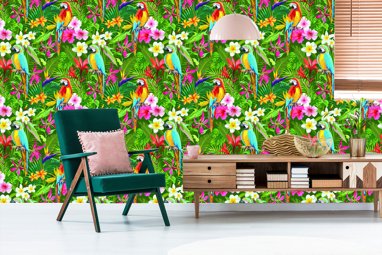 Wallpaper Parrots, Tropical Leaves And Flowers
