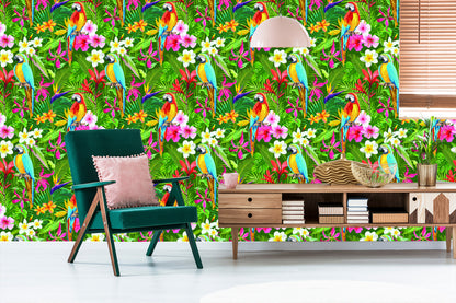 Wallpaper Parrots, Tropical Leaves And Flowers