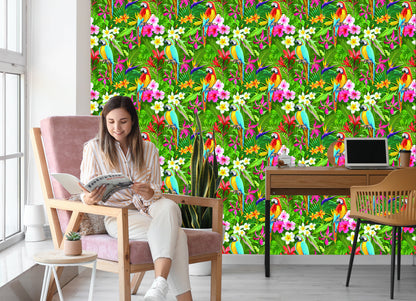 Wallpaper Parrots, Tropical Leaves And Flowers