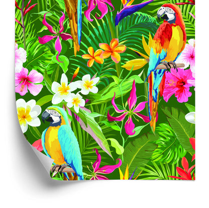 Wallpaper Parrots, Tropical Leaves And Flowers