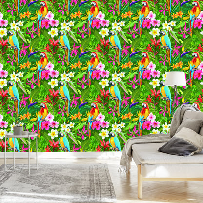 Wallpaper Parrots, Tropical Leaves And Flowers