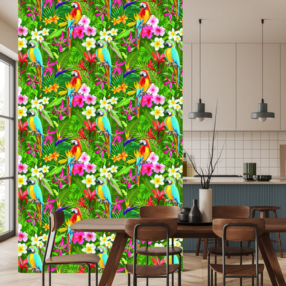 Wallpaper Parrots, Tropical Leaves And Flowers