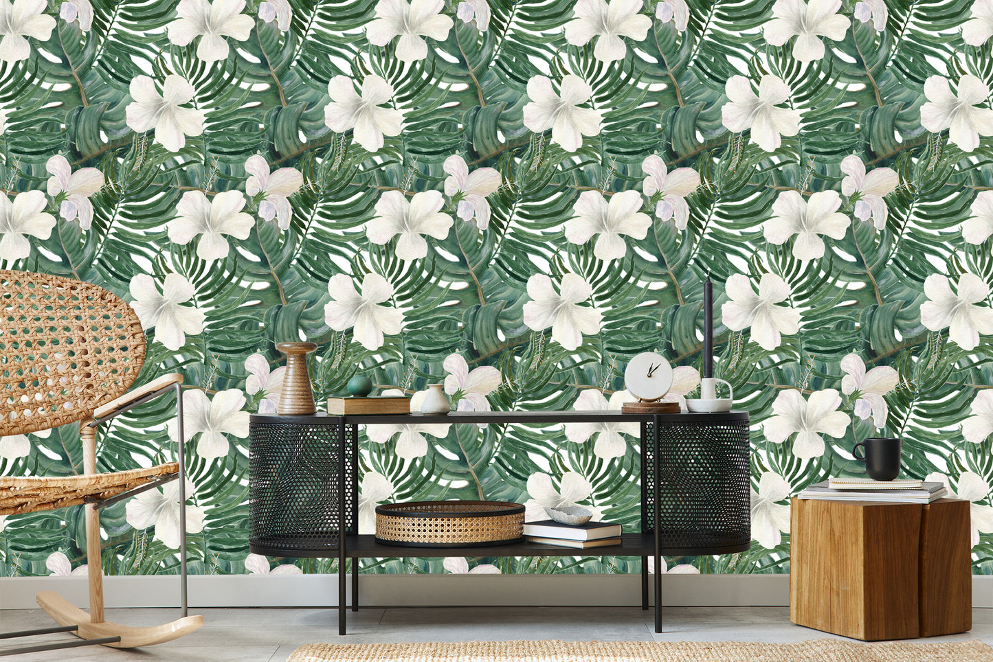 Wallpaper Palm Leaves With Hibiscus
