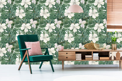 Wallpaper Palm Leaves With Hibiscus