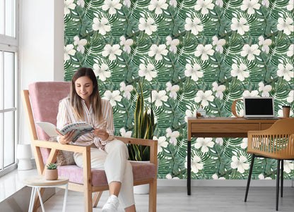 Wallpaper Palm Leaves With Hibiscus