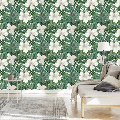Wallpaper Palm Leaves With Hibiscus