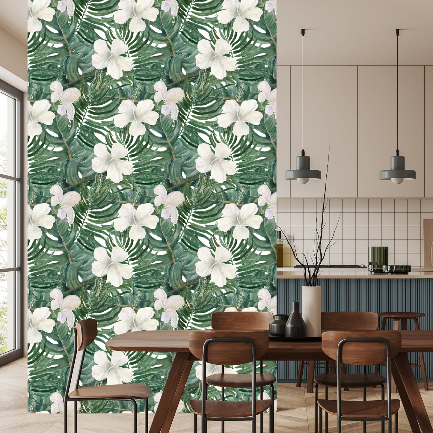 Wallpaper Palm Leaves With Hibiscus