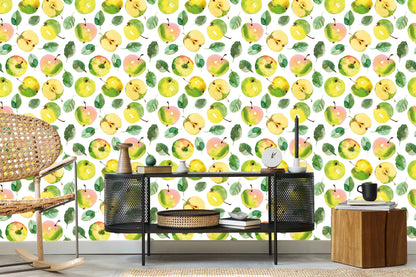 Wallpaper Fruit, Apple, Leaves, Green Kitchen