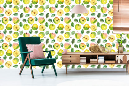 Wallpaper Fruit, Apple, Leaves, Green Kitchen