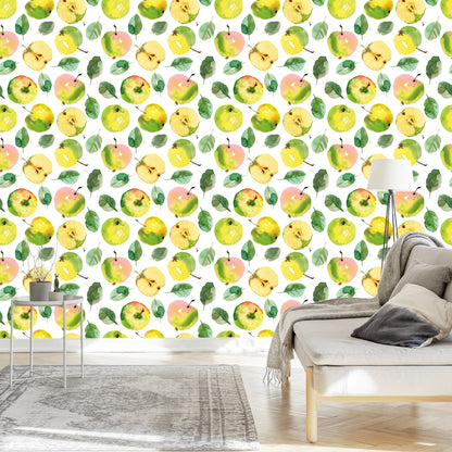 Wallpaper Fruit, Apple, Leaves, Green Kitchen