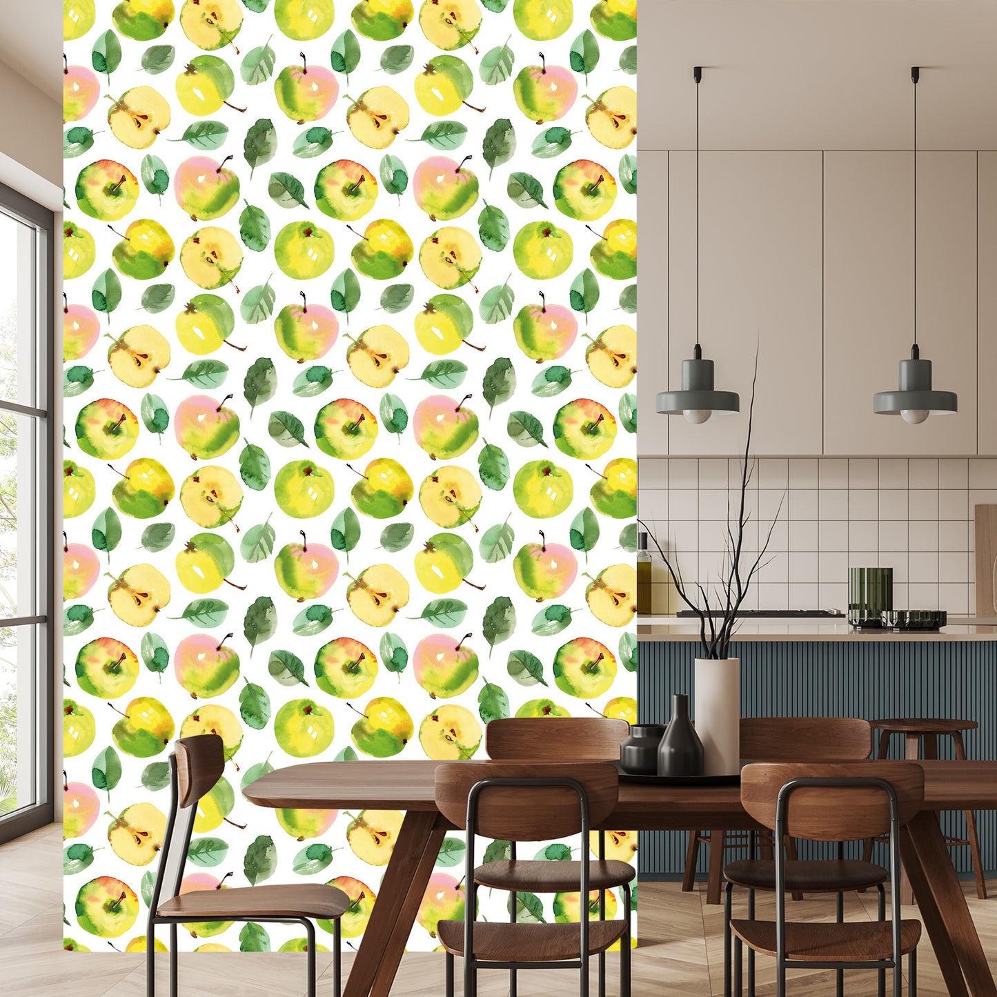 Wallpaper Fruit, Apple, Leaves, Green Kitchen