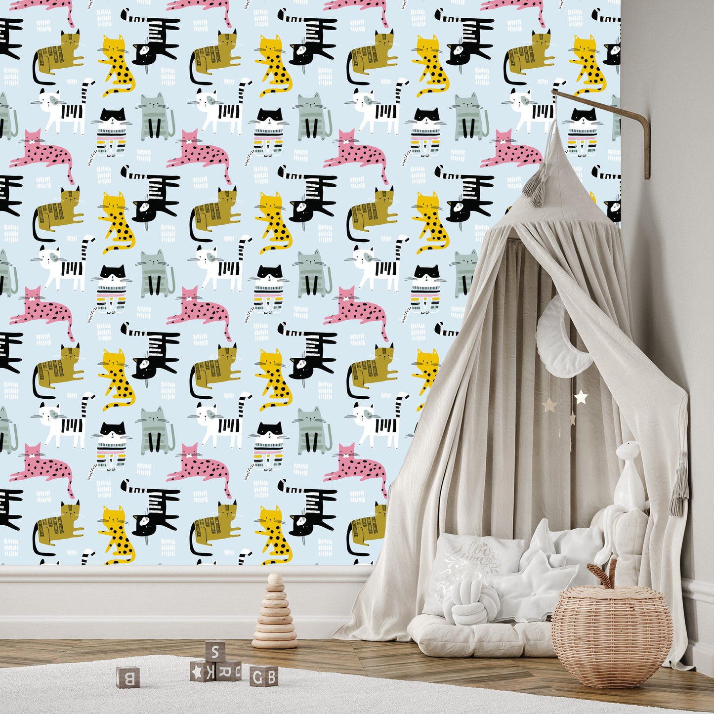 Wallpaper For Children - Colorful Cats - Scandinavian Style
