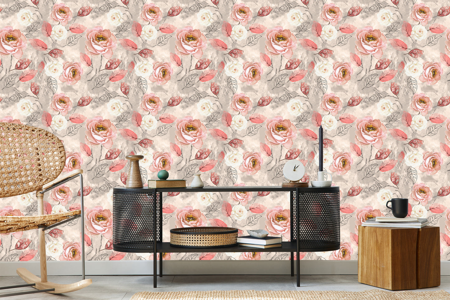Wallpaper Watercolour Painted Roses With Leaves