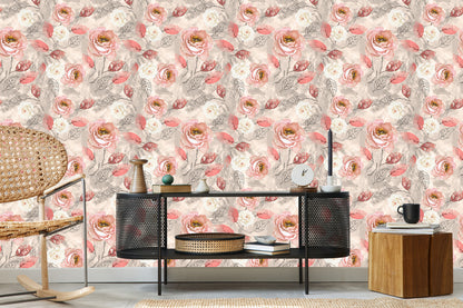 Wallpaper Watercolour Painted Roses With Leaves