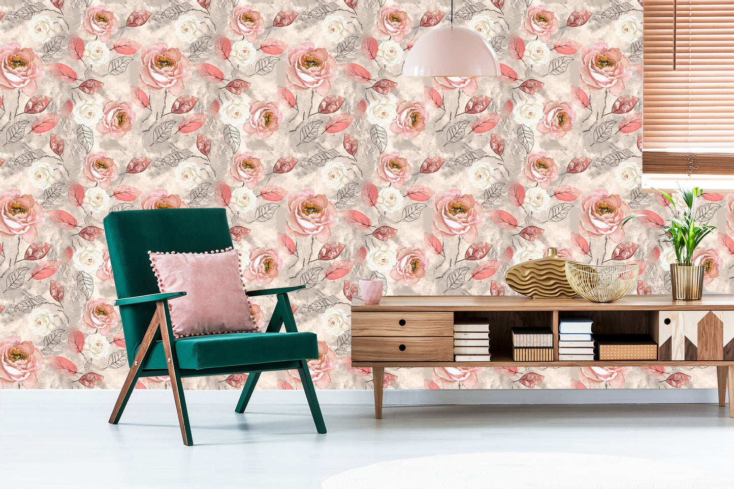 Wallpaper Watercolour Painted Roses With Leaves