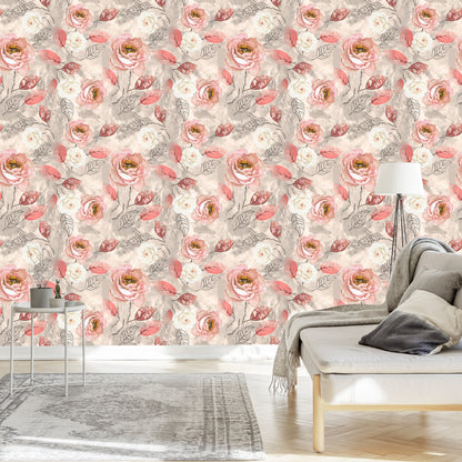 Wallpaper Watercolour Painted Roses With Leaves