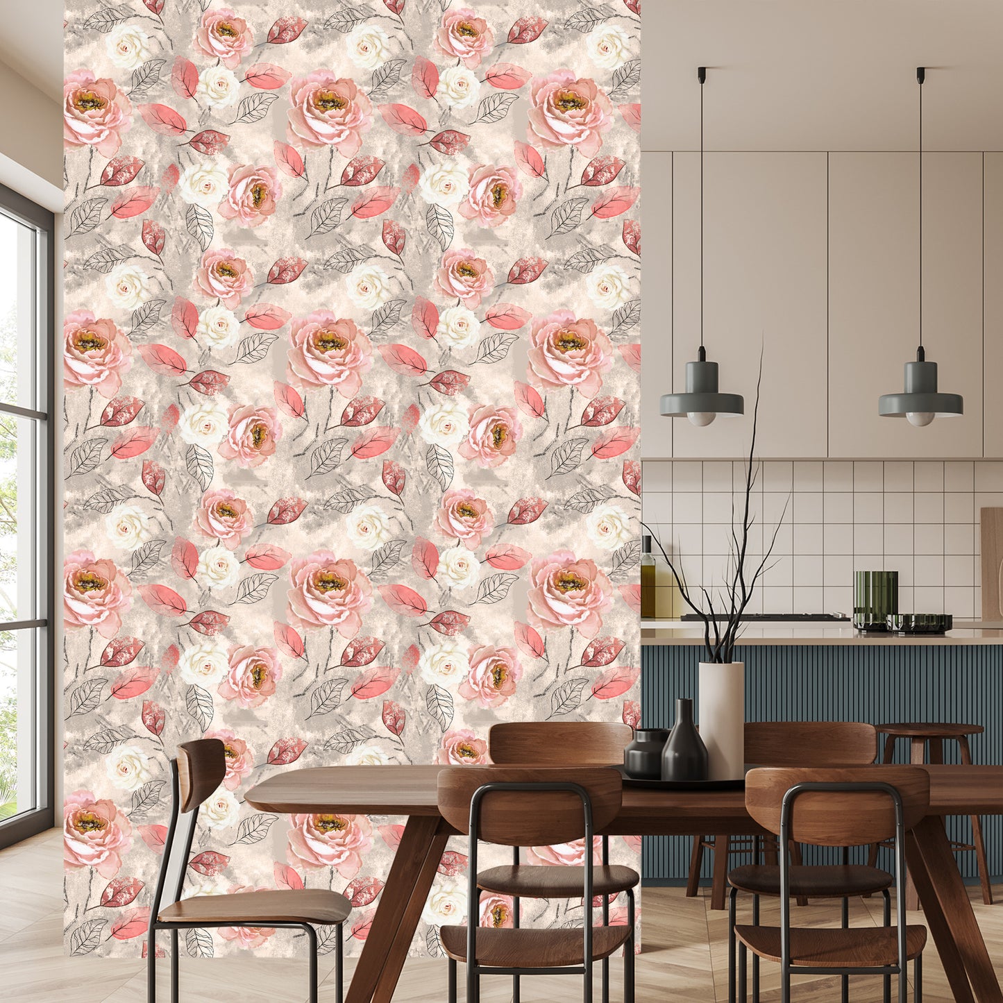 Wallpaper Watercolour Painted Roses With Leaves