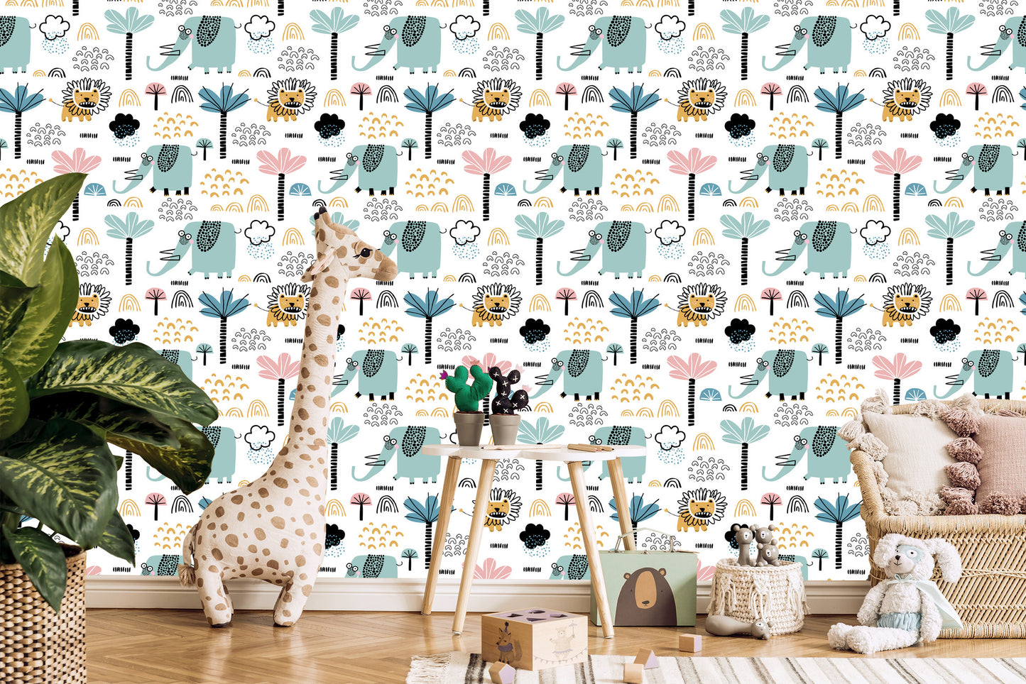 Wallpaper Savanna Lions Elephants Trees Boy Room