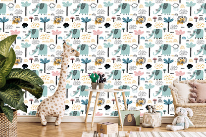 Wallpaper Savanna Lions Elephants Trees Boy Room
