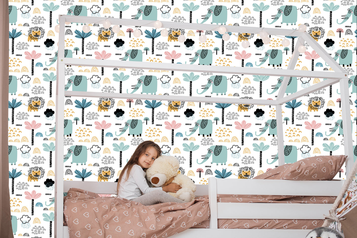 Wallpaper Savanna Lions Elephants Trees Boy Room