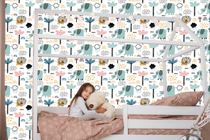 Wallpaper Savanna Lions Elephants Trees Boy Room