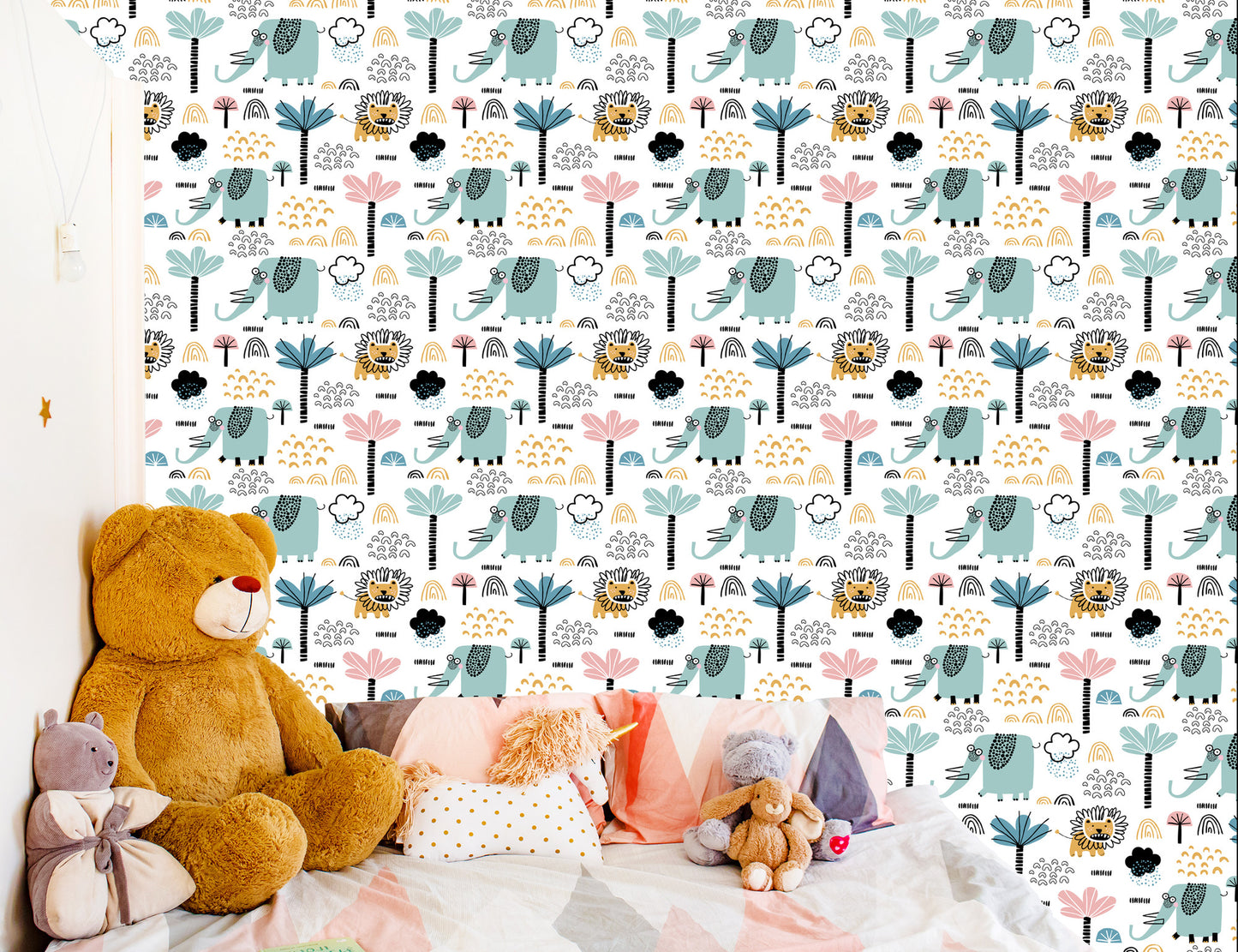 Wallpaper Savanna Lions Elephants Trees Boy Room