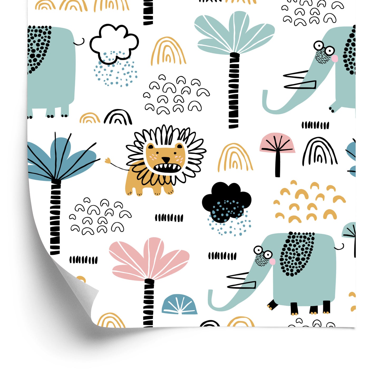 Wallpaper Savanna Lions Elephants Trees Boy Room