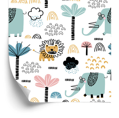 Wallpaper Savanna Lions Elephants Trees Boy Room