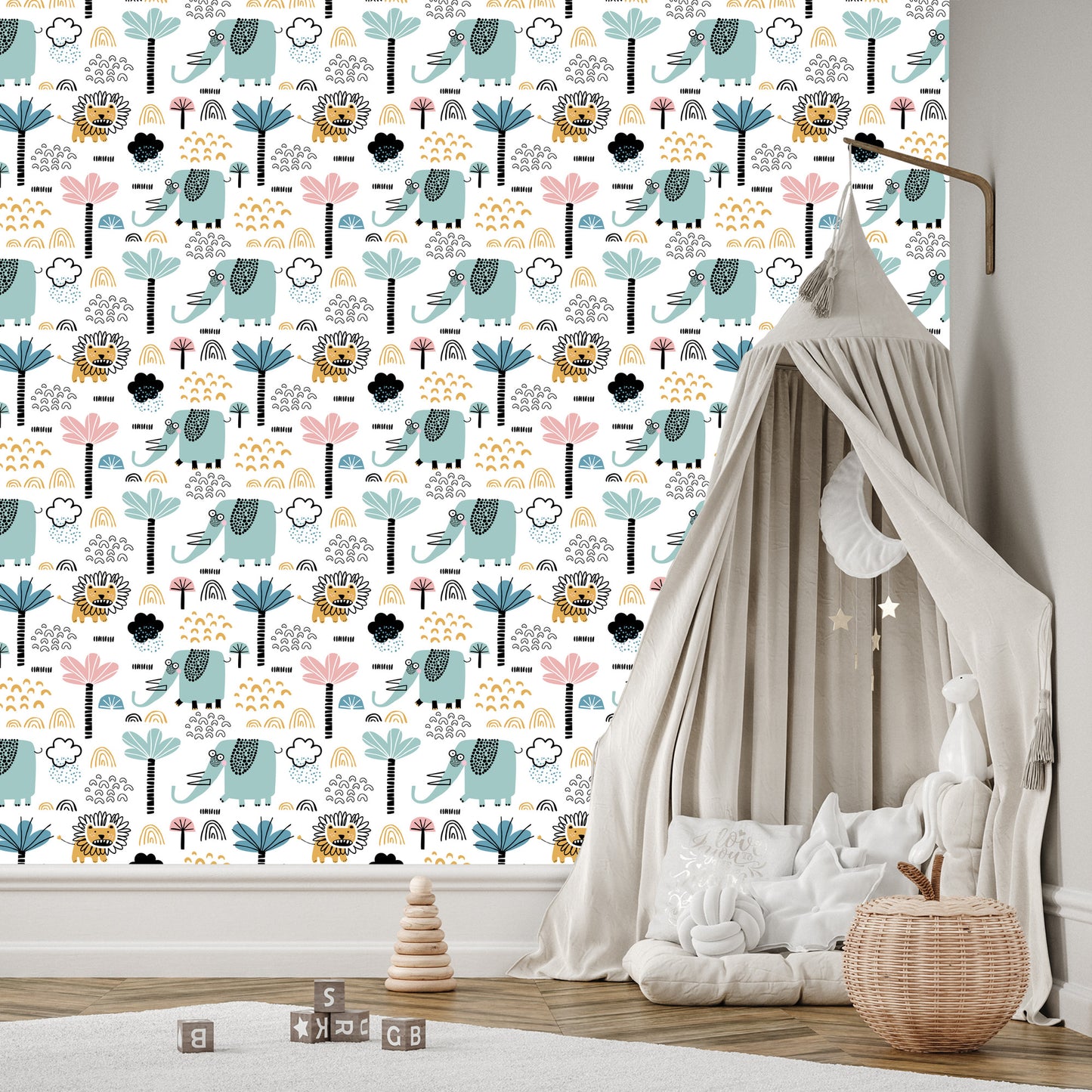 Wallpaper Savanna Lions Elephants Trees Boy Room