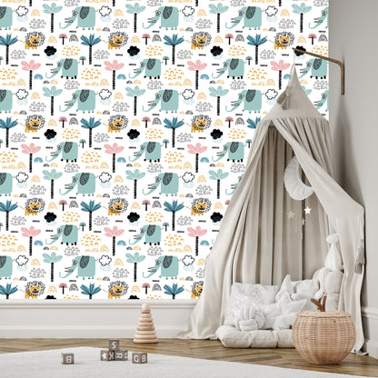 Wallpaper Savanna Lions Elephants Trees Boy Room