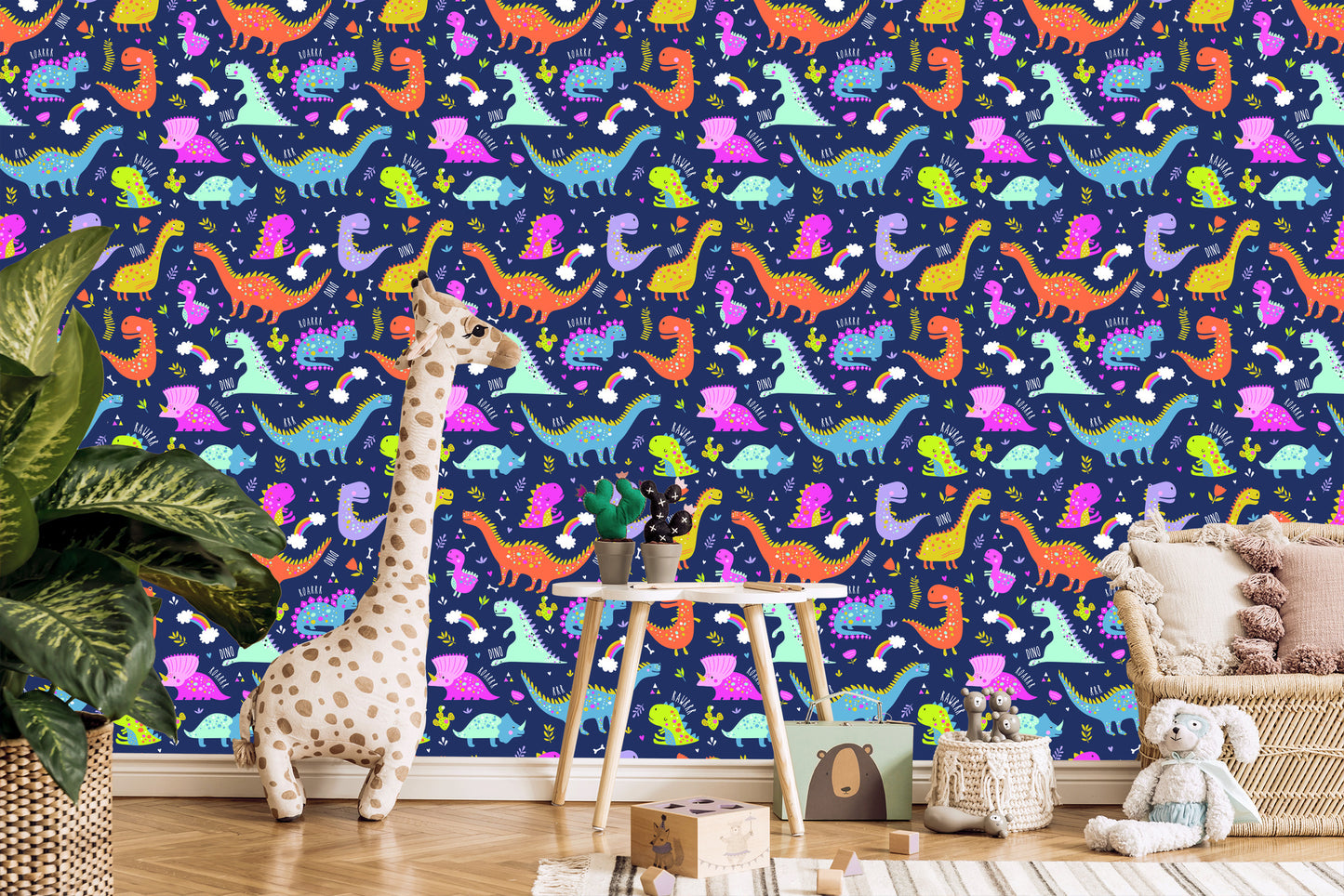 Wallpaper Rainbow Cacti Dinosaurs For Children's Room