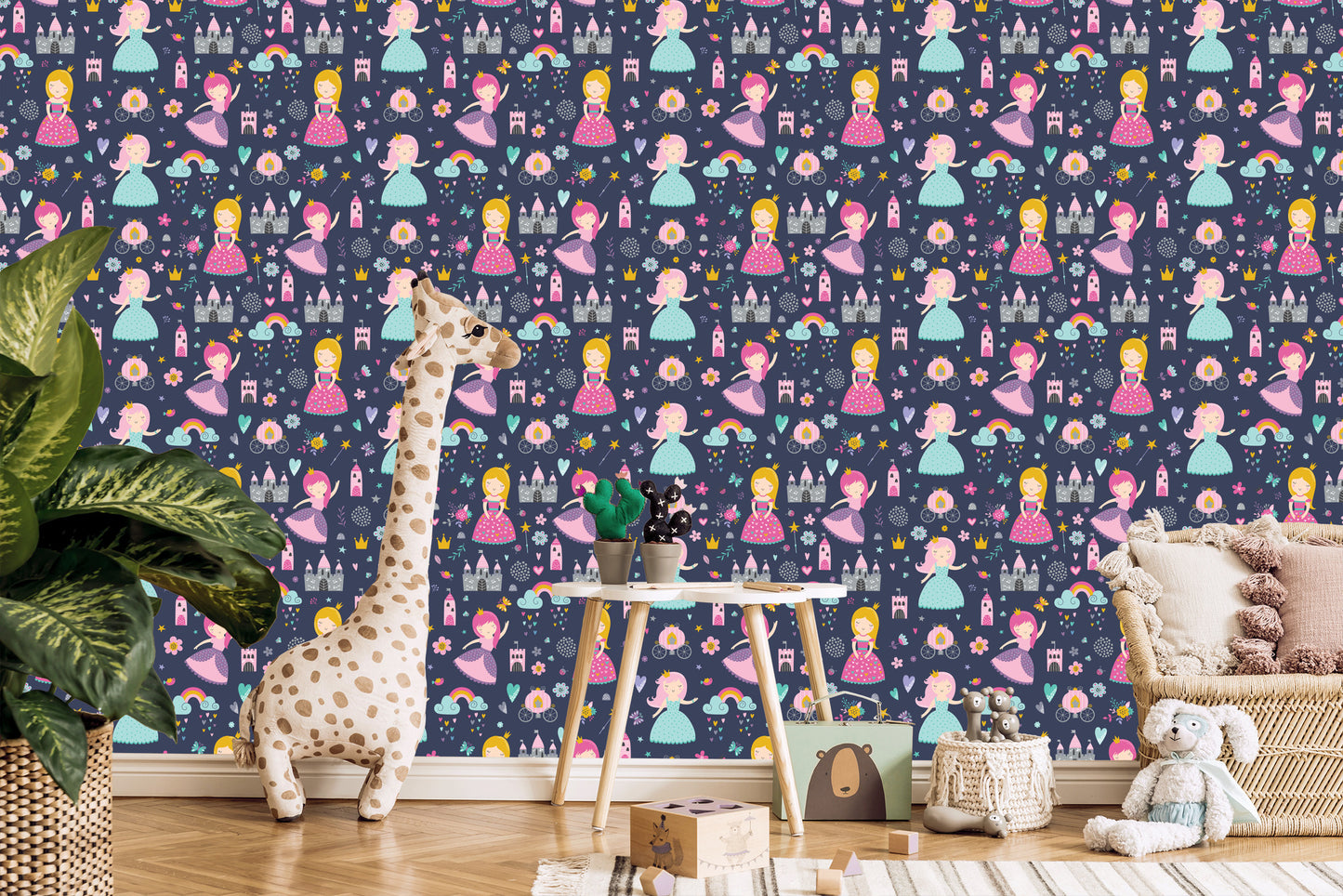 Wallpaper For Children. Rainbow Clouds. Princesses From A Fairy Tale