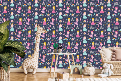 Wallpaper For Children. Rainbow Clouds. Princesses From A Fairy Tale