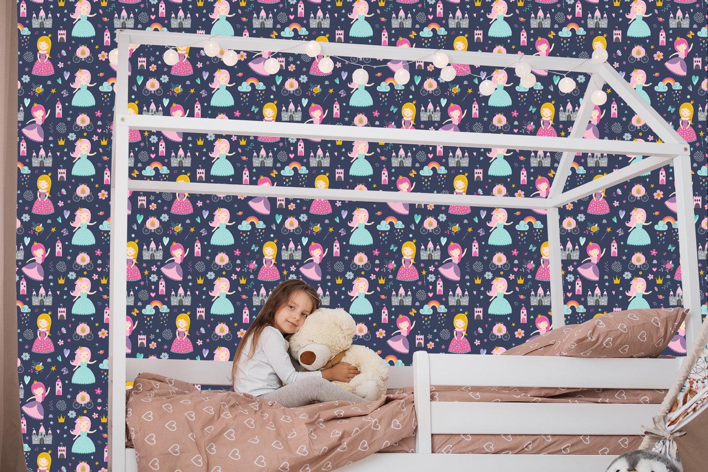 Wallpaper For Children. Rainbow Clouds. Princesses From A Fairy Tale