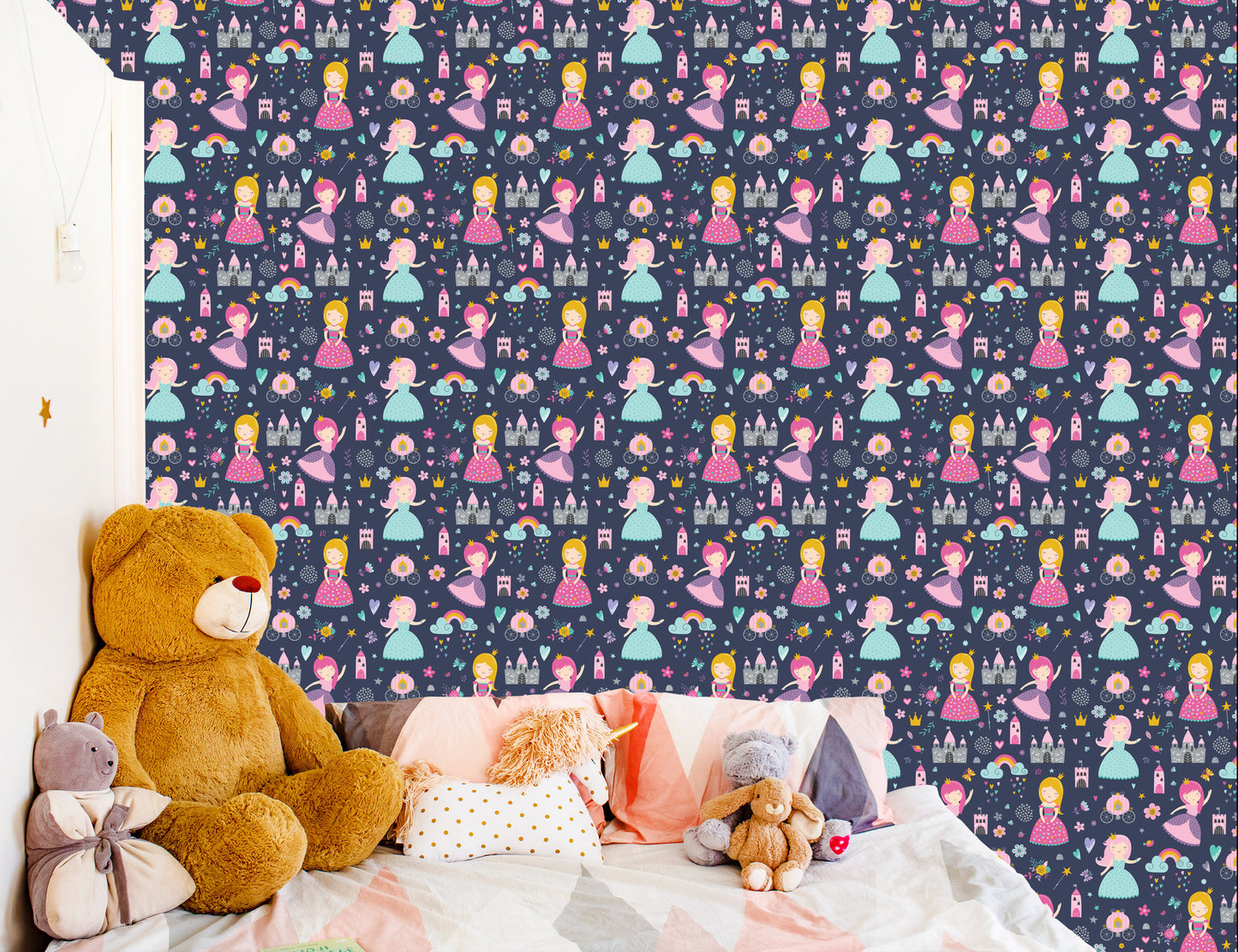 Wallpaper For Children. Rainbow Clouds. Princesses From A Fairy Tale