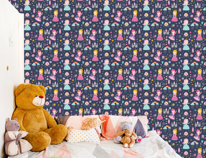 Wallpaper For Children. Rainbow Clouds. Princesses From A Fairy Tale