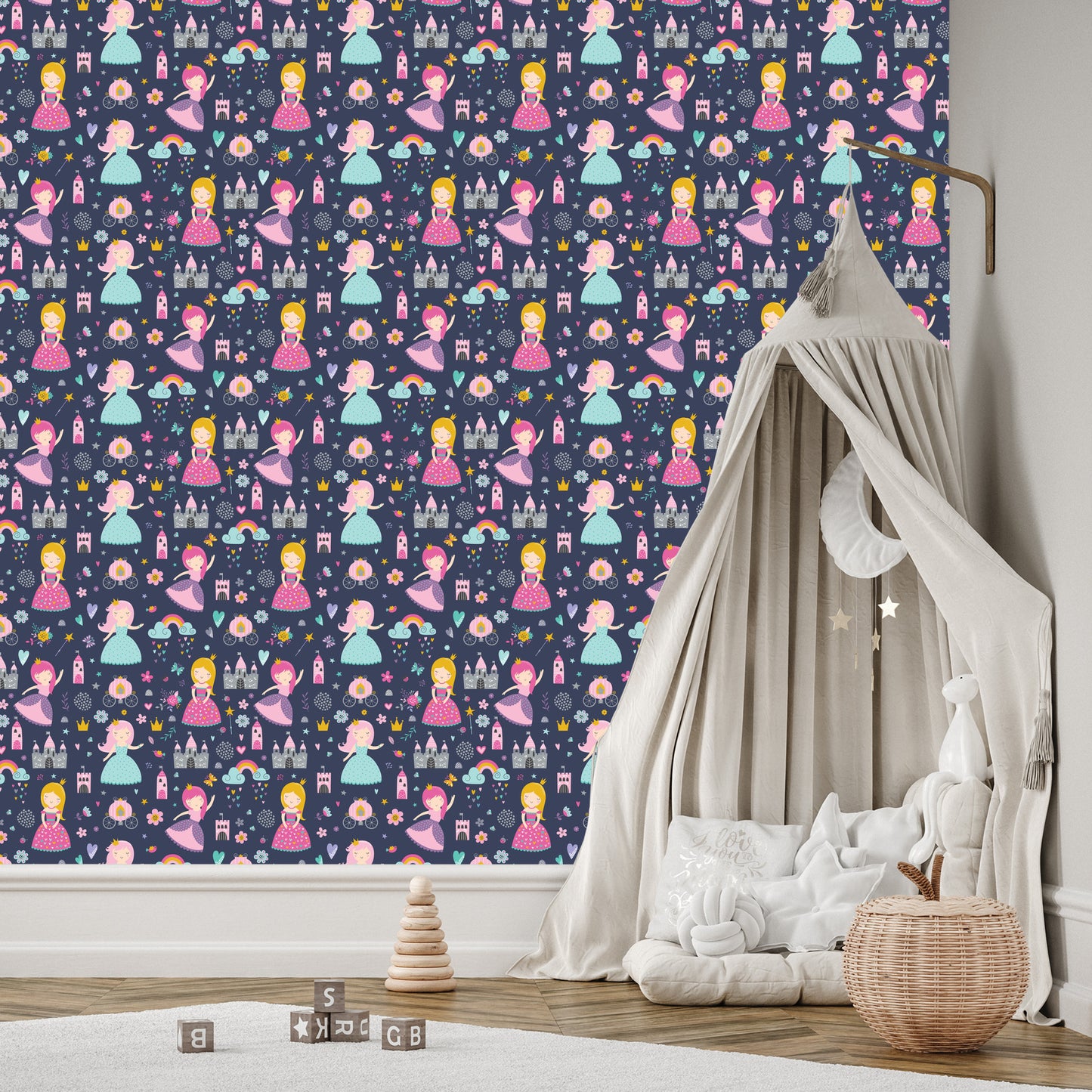 Wallpaper For Children. Rainbow Clouds. Princesses From A Fairy Tale