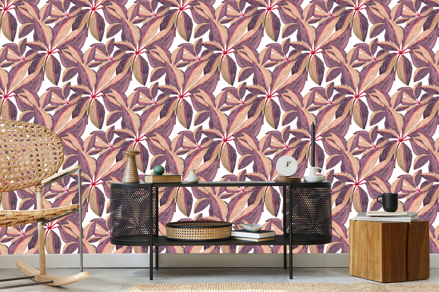 Wallpaper Painted Leaves With Red Twigs