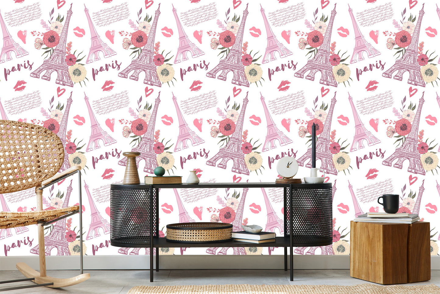 Wallpaper Eiffel Tower With Flowers And Hearts