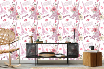 Wallpaper Eiffel Tower With Flowers And Hearts