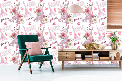 Wallpaper Eiffel Tower With Flowers And Hearts