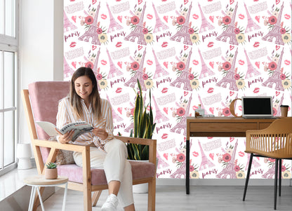 Wallpaper Eiffel Tower With Flowers And Hearts