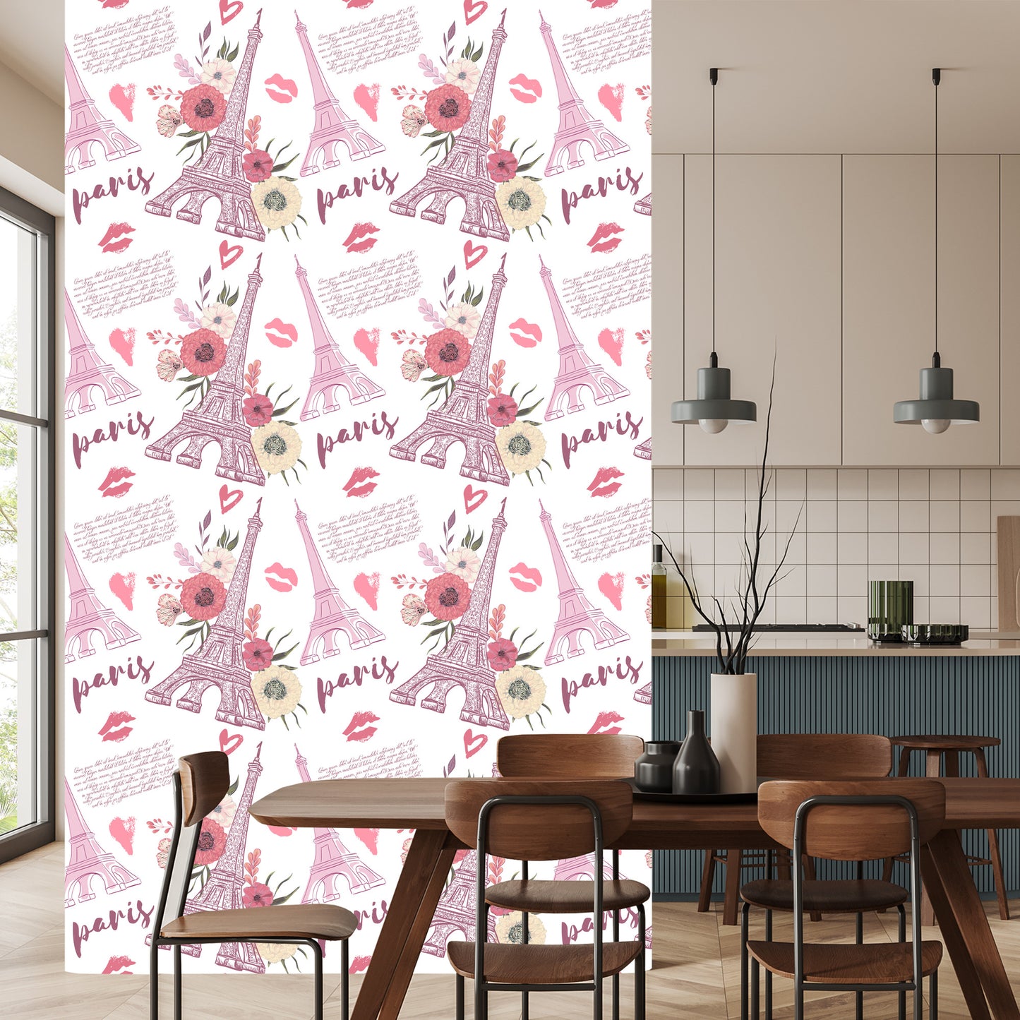 Wallpaper Eiffel Tower With Flowers And Hearts