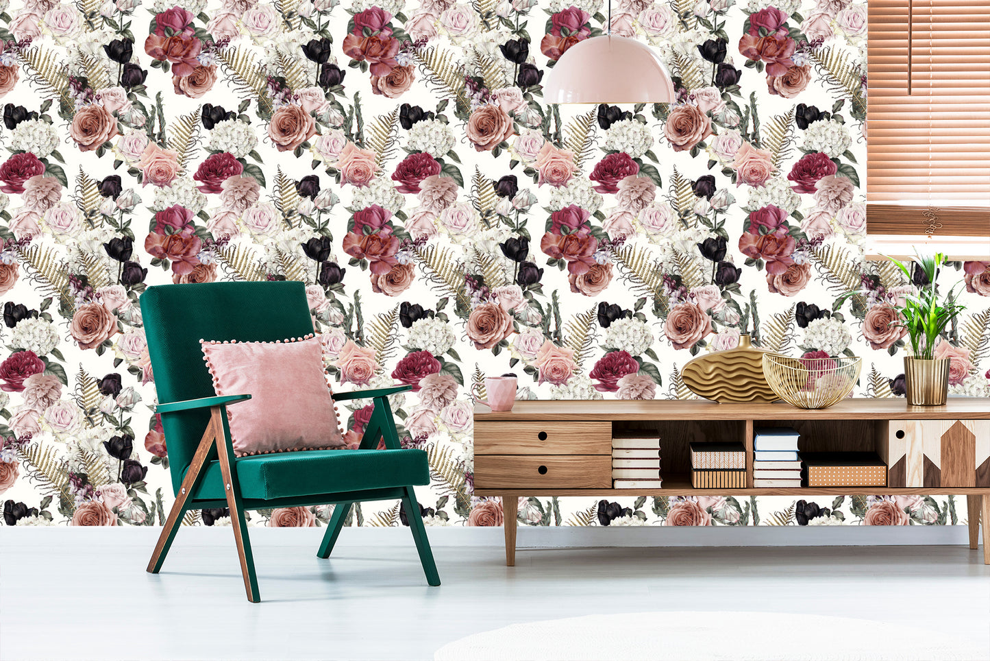 Wallpaper Roses With Fern Leaves