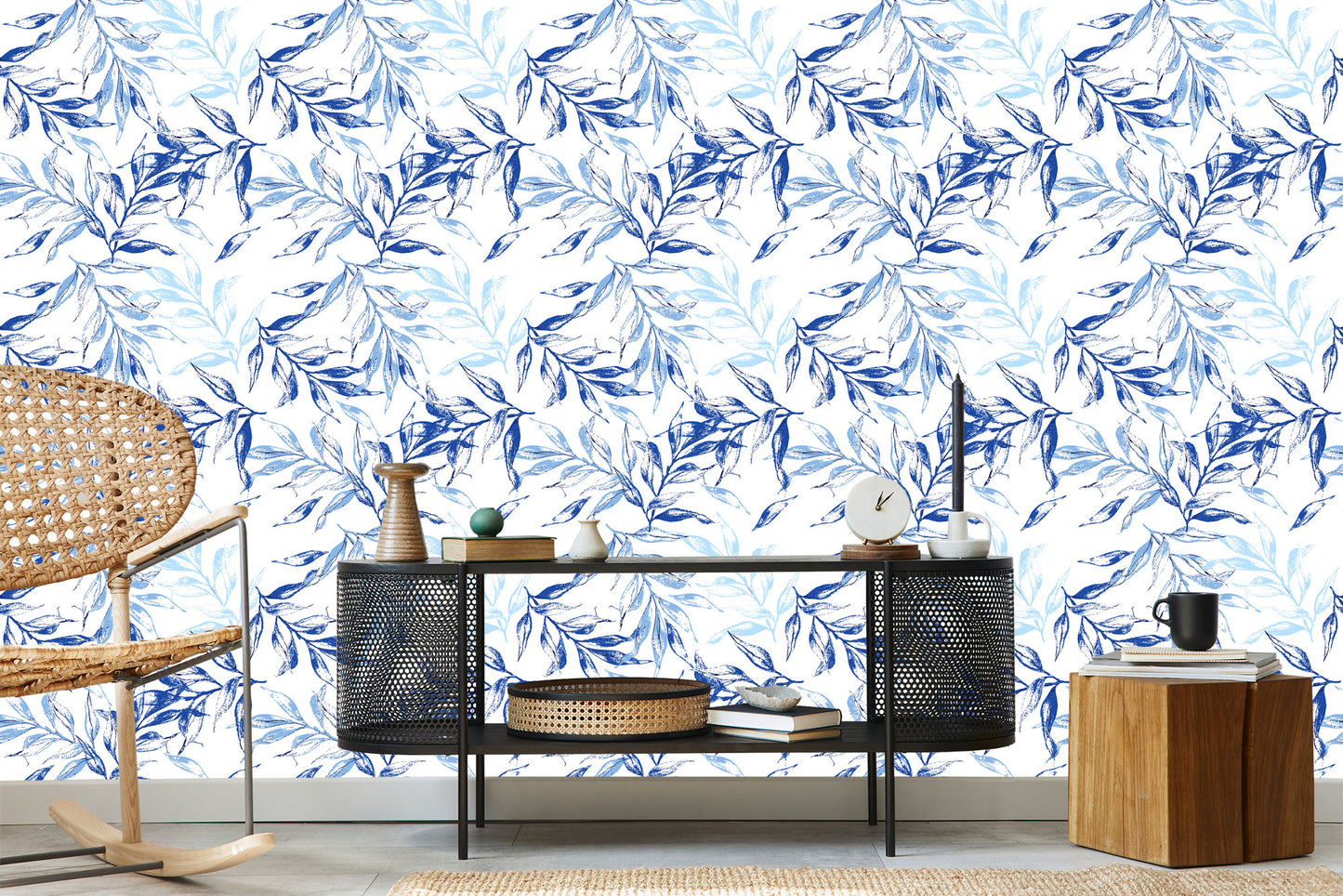 Wallpaper For The Living Room, Delicate Blue Leaves Decor