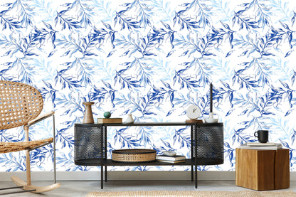 Wallpaper For The Living Room, Delicate Blue Leaves Decor